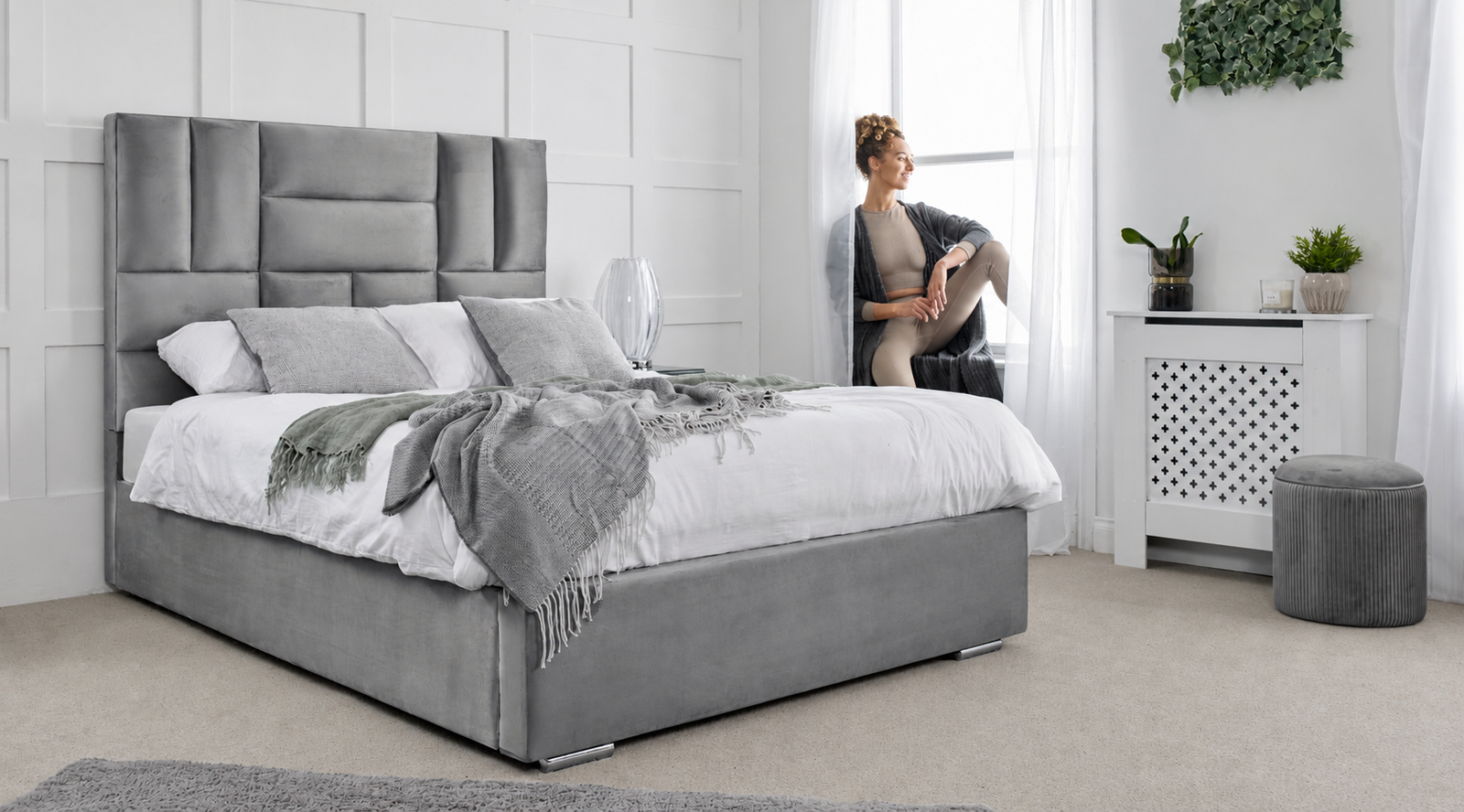 Luxury Cream Upholstered Fabric Bed Frame with Curved Headboard & Footboard - Image 2