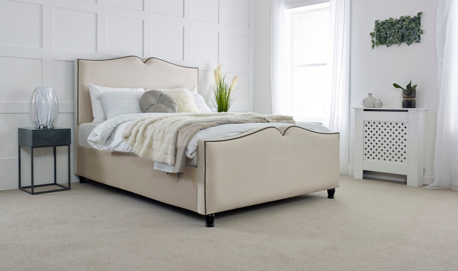Luxury Cream Upholstered Fabric Bed Frame with Curved Headboard & Footboard - Image 4