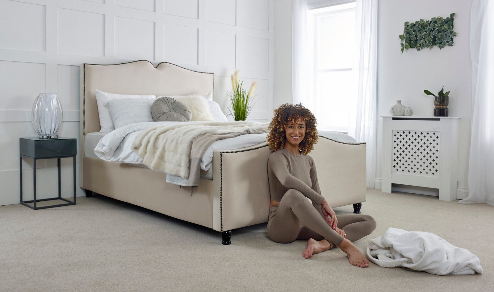 Luxury Cream Upholstered Fabric Bed Frame with Curved Headboard & Footboard - Image 5