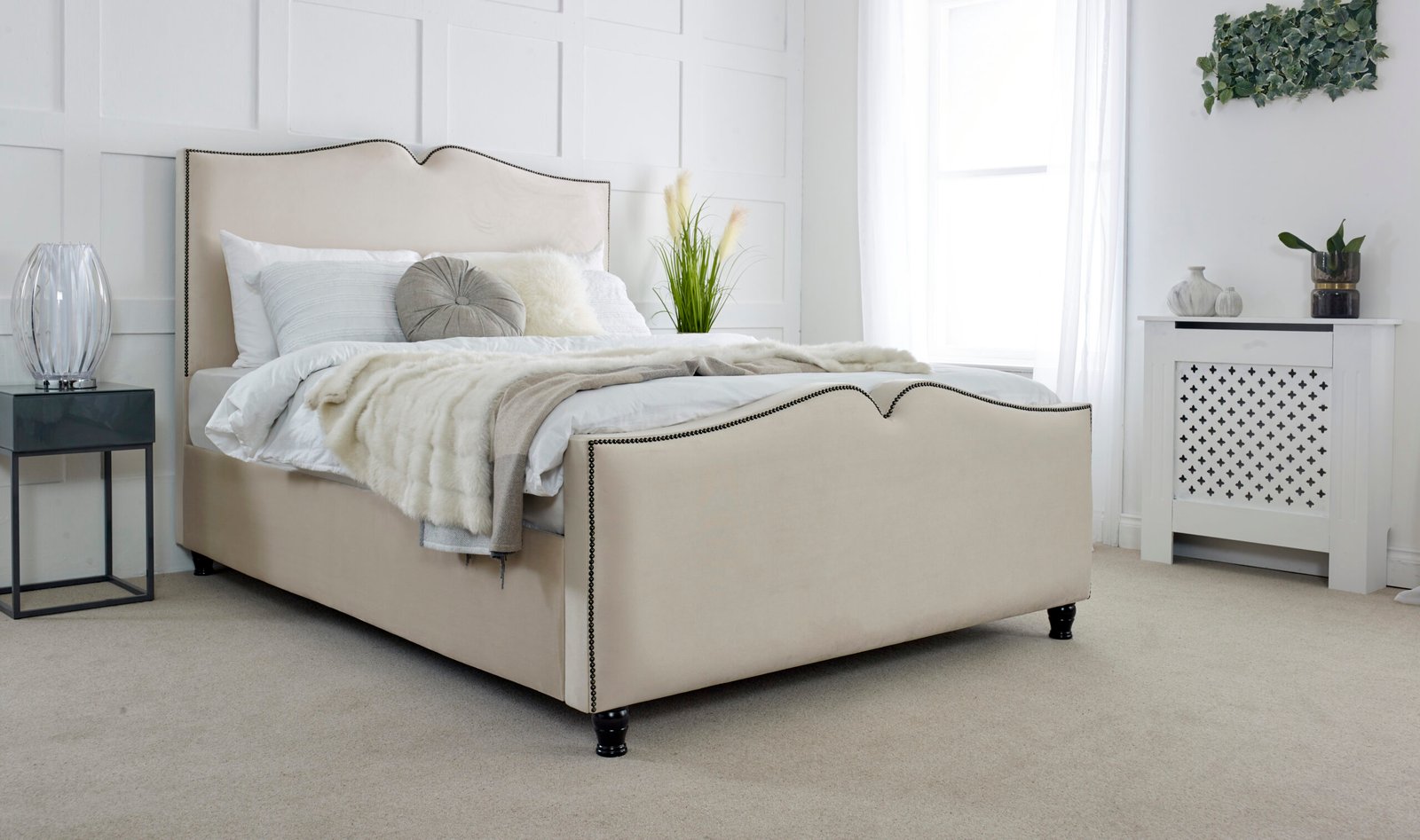 Luxury Cream Upholstered Fabric Bed Frame with Curved Headboard & Footboard - Image 7