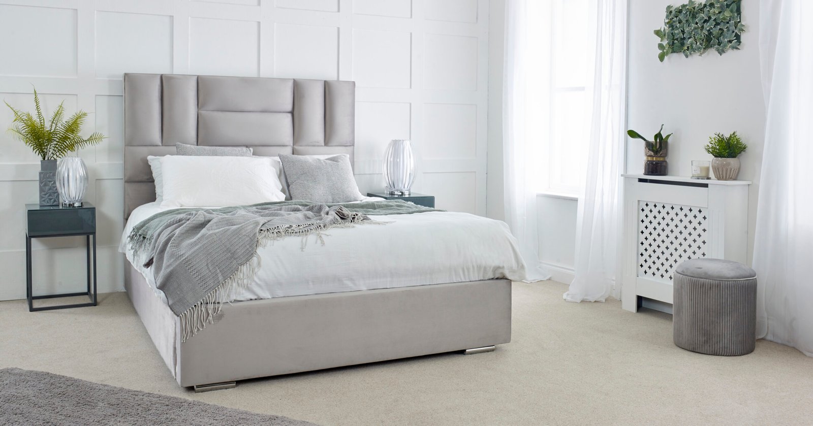 Luxury Cream Upholstered Fabric Bed Frame with Curved Headboard & Footboard - Image 12