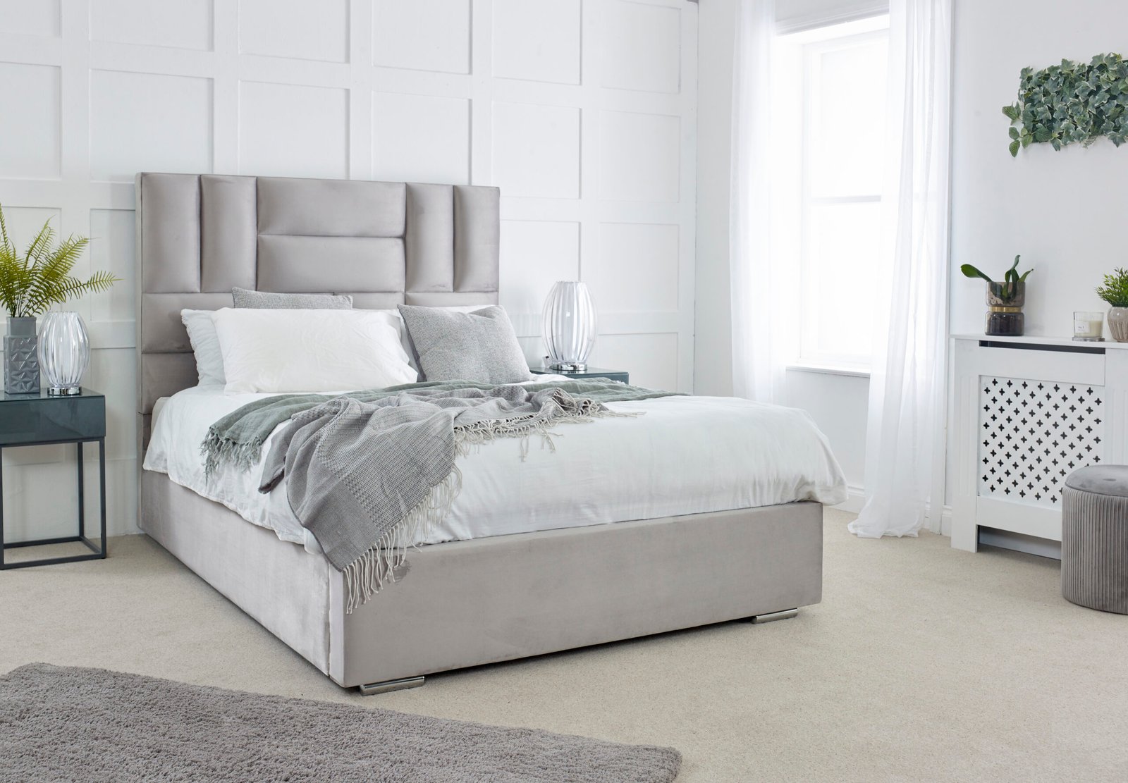 Luxury Cream Upholstered Fabric Bed Frame with Curved Headboard & Footboard - Image 11