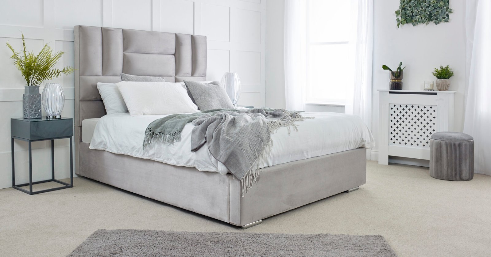 Luxury Cream Upholstered Fabric Bed Frame with Curved Headboard & Footboard