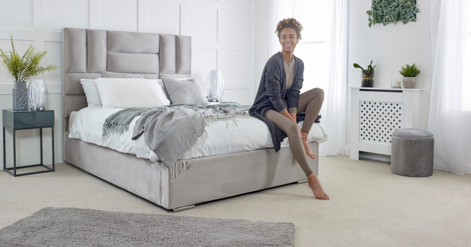 Luxury Cream Upholstered Fabric Bed Frame with Curved Headboard & Footboard - Image 8