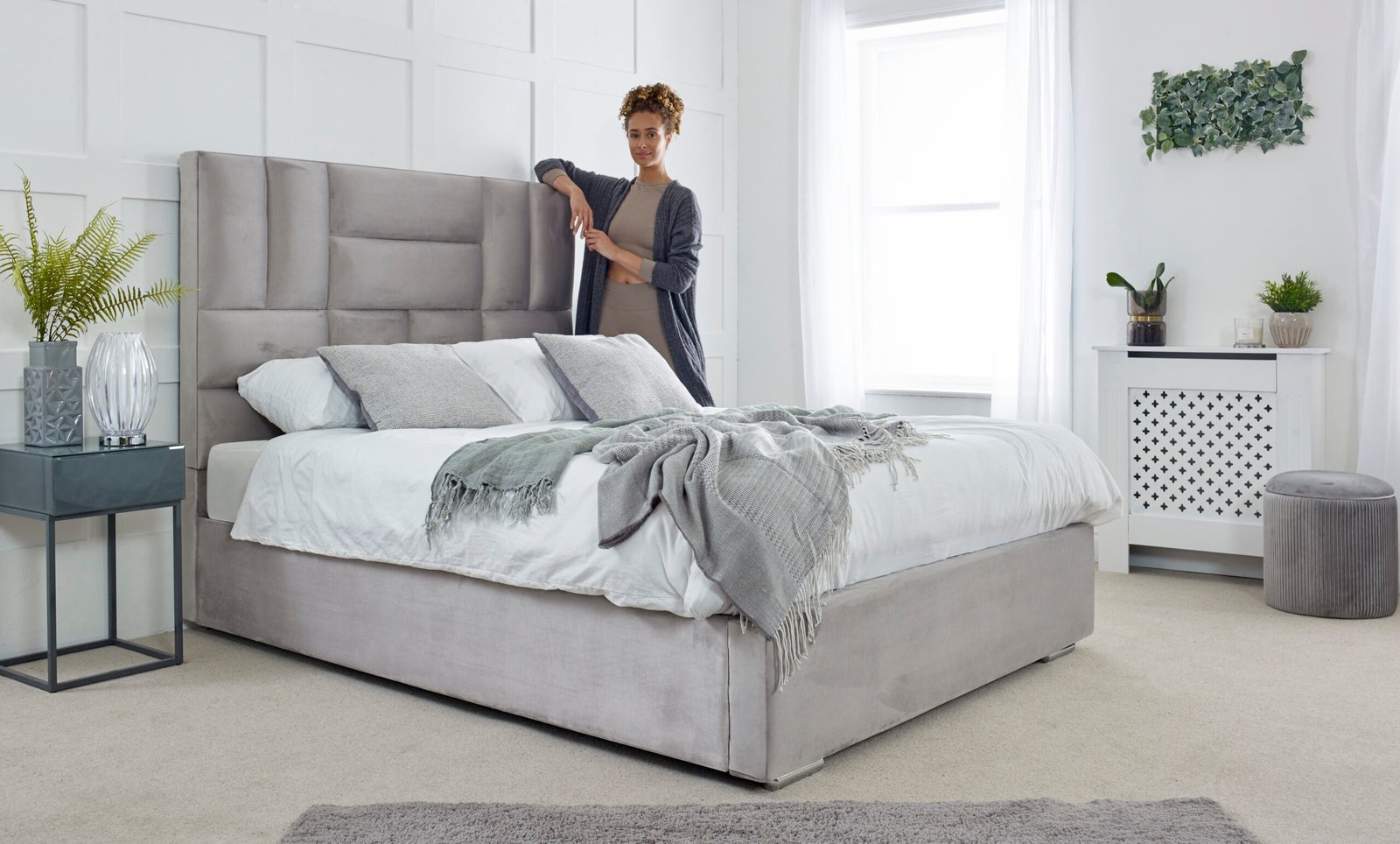 Luxury Cream Upholstered Fabric Bed Frame with Curved Headboard & Footboard