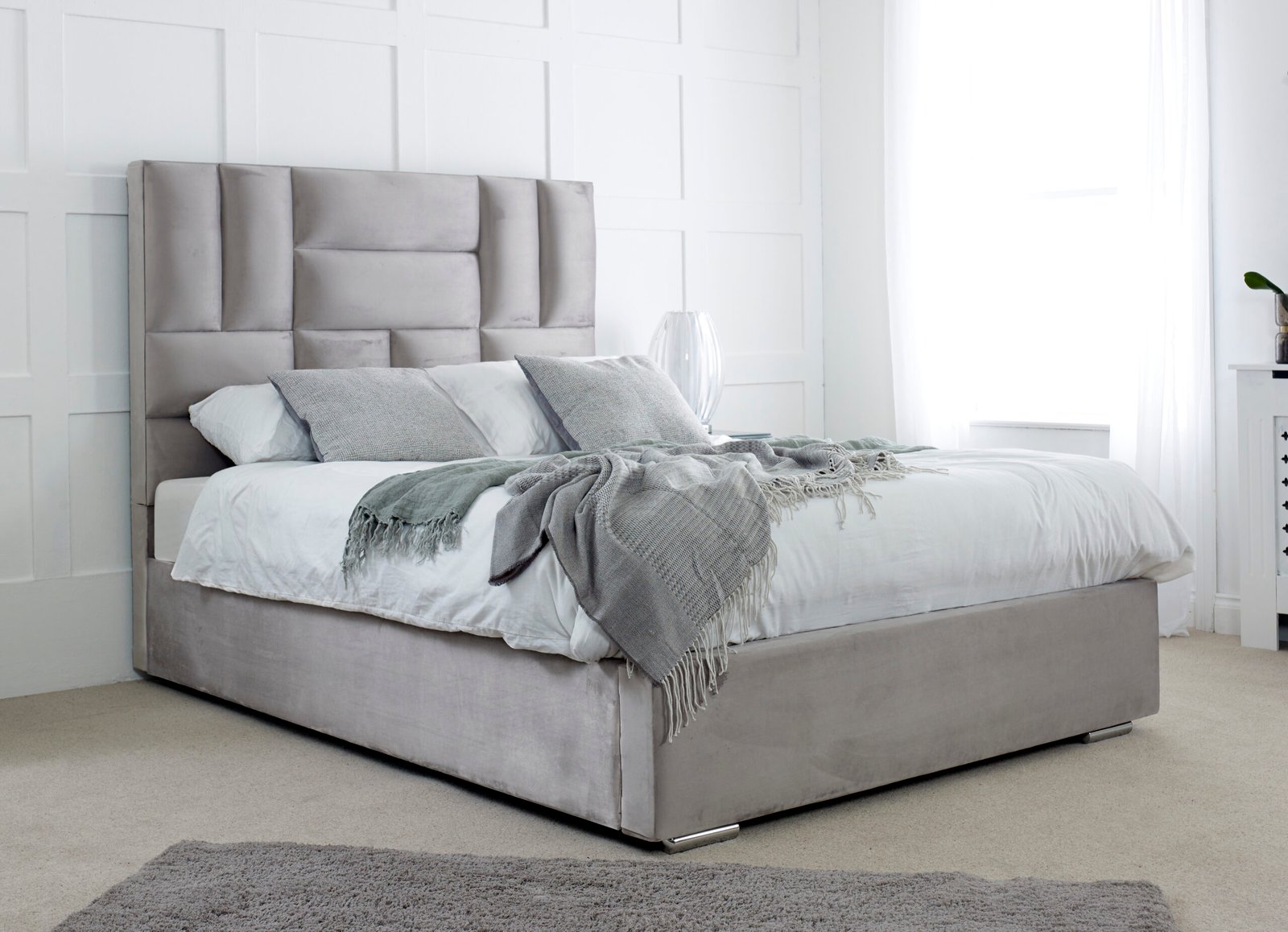 Luxury Cream Upholstered Fabric Bed Frame with Curved Headboard & Footboard - Image 6