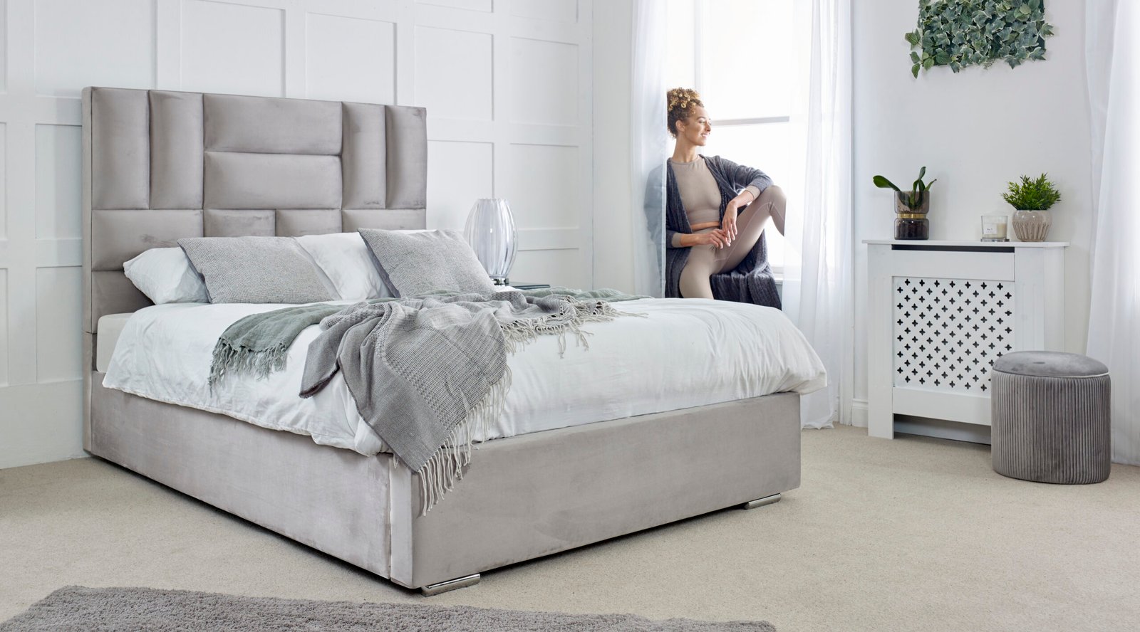 Luxury Cream Upholstered Fabric Bed Frame with Curved Headboard & Footboard - Image 5