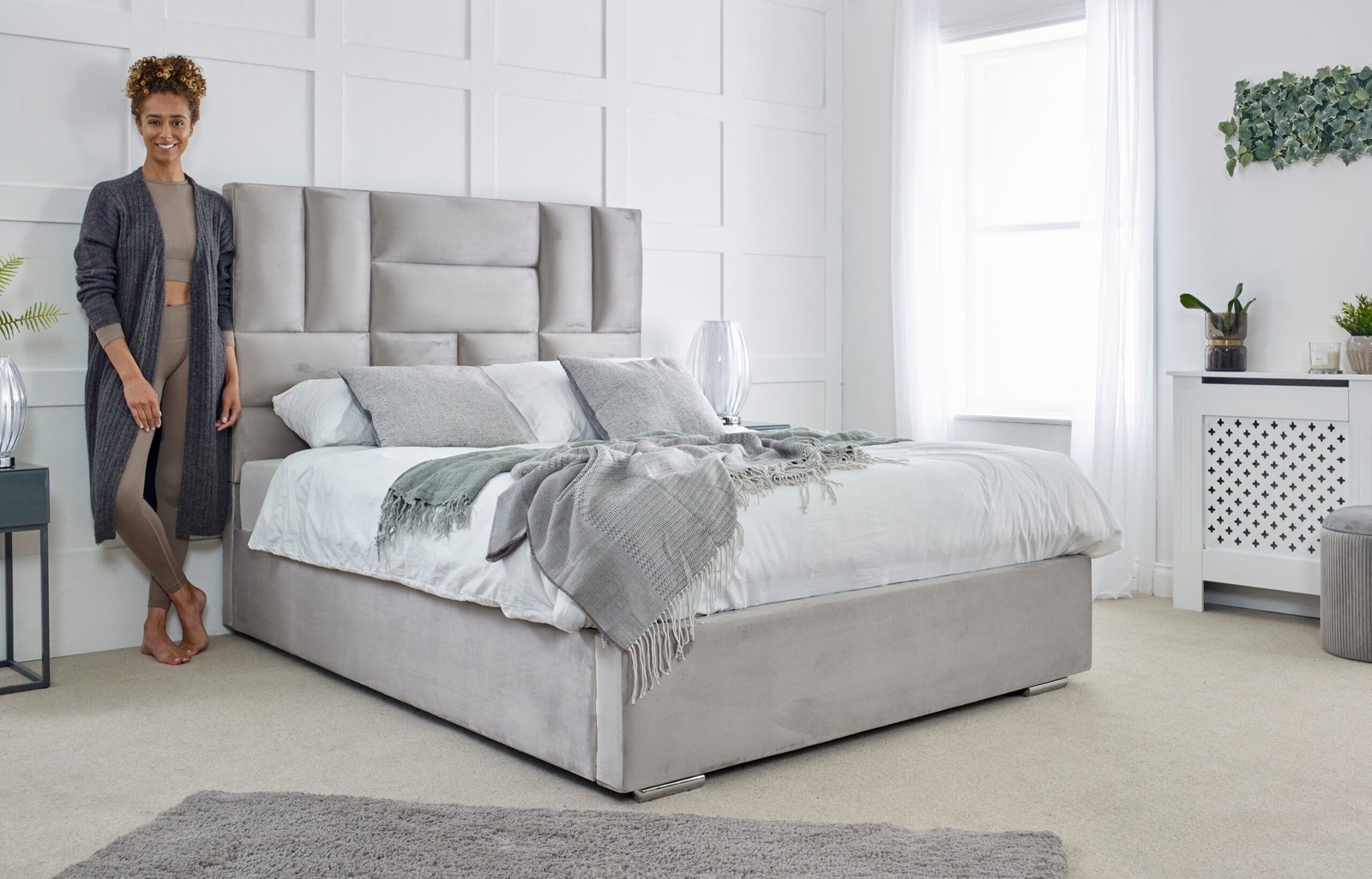 Luxury Cream Upholstered Fabric Bed Frame with Curved Headboard & Footboard - Image 4