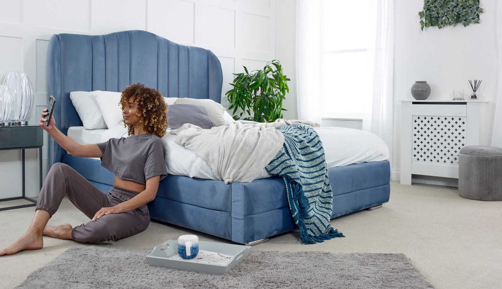 Luxury Cream Upholstered Fabric Bed Frame with Curved Headboard & Footboard